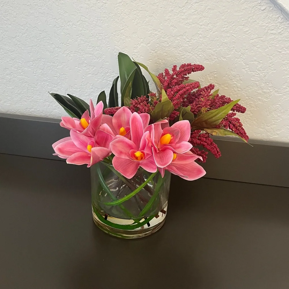 Faux orchid floral arrangement /orchid centerpiece / tabletop decor/ real touch